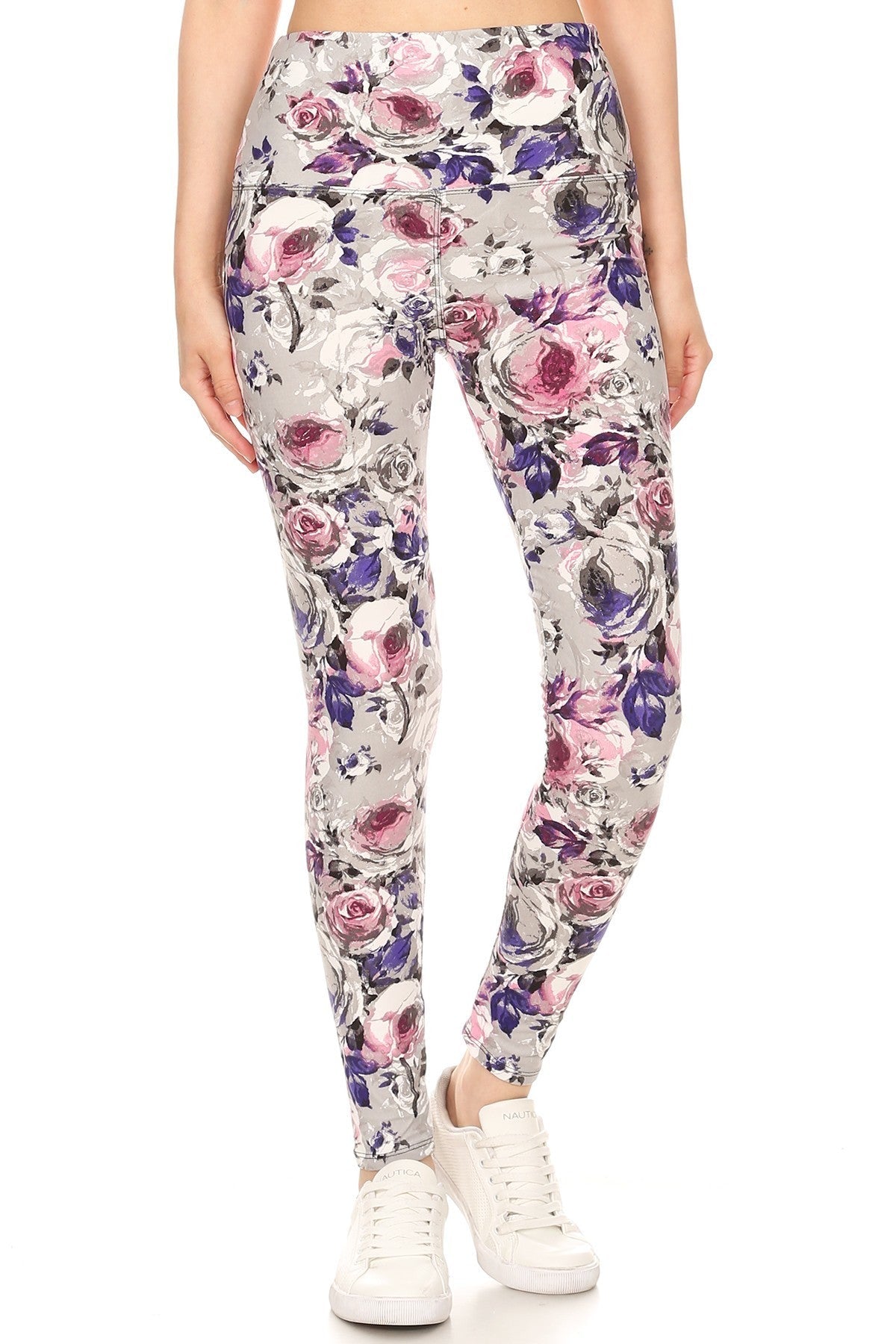 5-inch Long Yoga Style Banded Lined Floral Printed Knit Legging With High Waist Smile Sparker