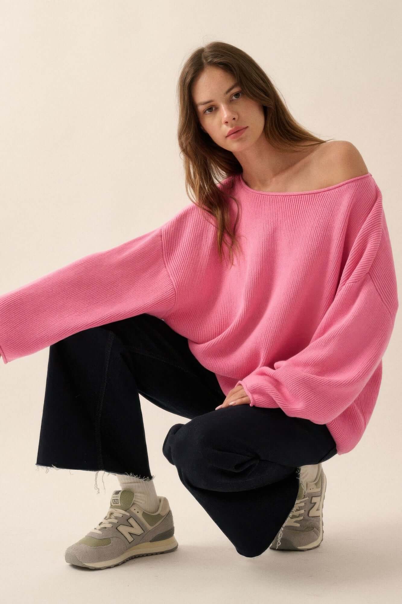 Aurevia Womens Oversized Boatneck Rib Knit Cozy Sweater - Smile Sparker