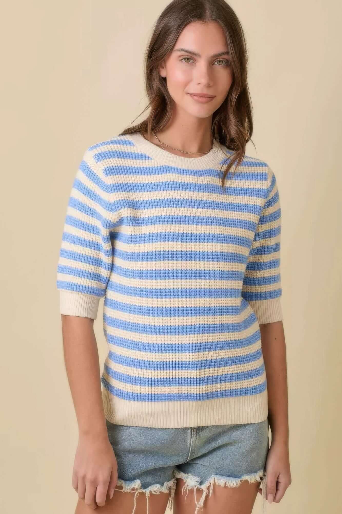 Aurevia Womens Stripe Knit Short Sleeve Sweater Top Casual - Smile Sparker