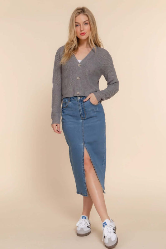 Ophira Grey Long Sleeve V Neck Cardigan Sweater for Women - Smile Sparker