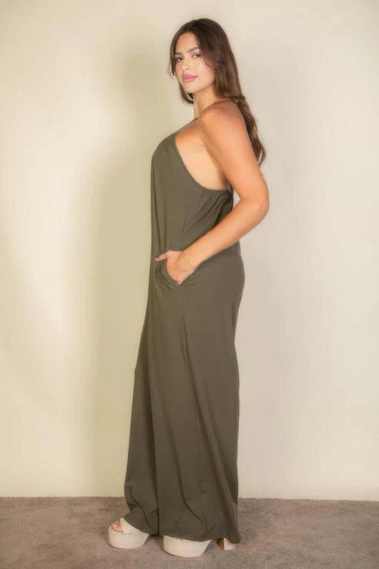 Aurevia Plus Size Spaghetti Strap Olive Wide Leg Jumpsuit - Smile Sparker