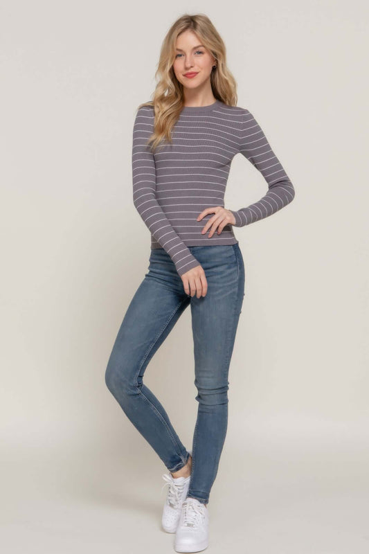 Aurevia Womens Striped Grey Sweater Long Sleeve Crew Neck - Smile Sparker