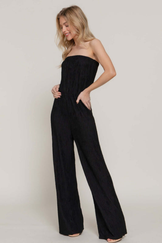 Aurevia Womens Crinkle Knit Tube Jumpsuit Black Strapless - Smile Sparker