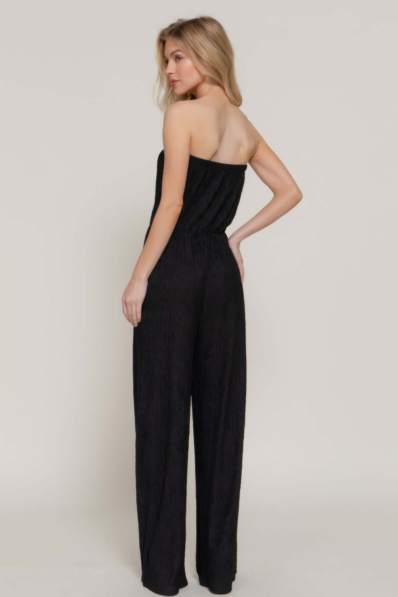 Aurevia Womens Crinkle Knit Tube Jumpsuit Black Strapless - Smile Sparker
