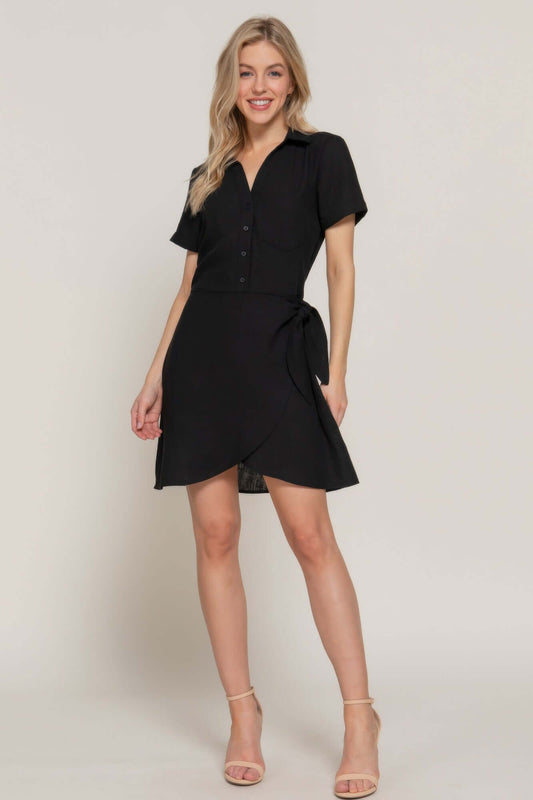Aurevia Button Down Side Bow Linen Look Mini Dress Black - Smile Sparker