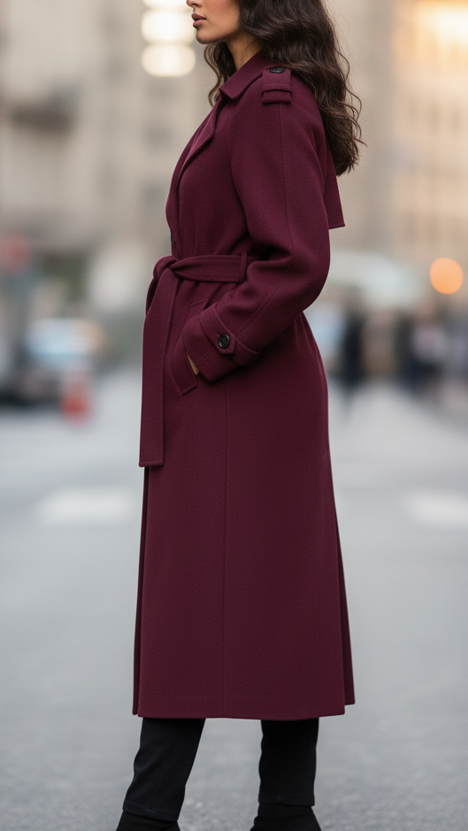 Elena | Stylish Structured Burgundy Wool Trench Coat Women 1