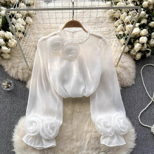 Sophie | Elegant Sheer White Blouse with 3D Rose Appliqués 1
