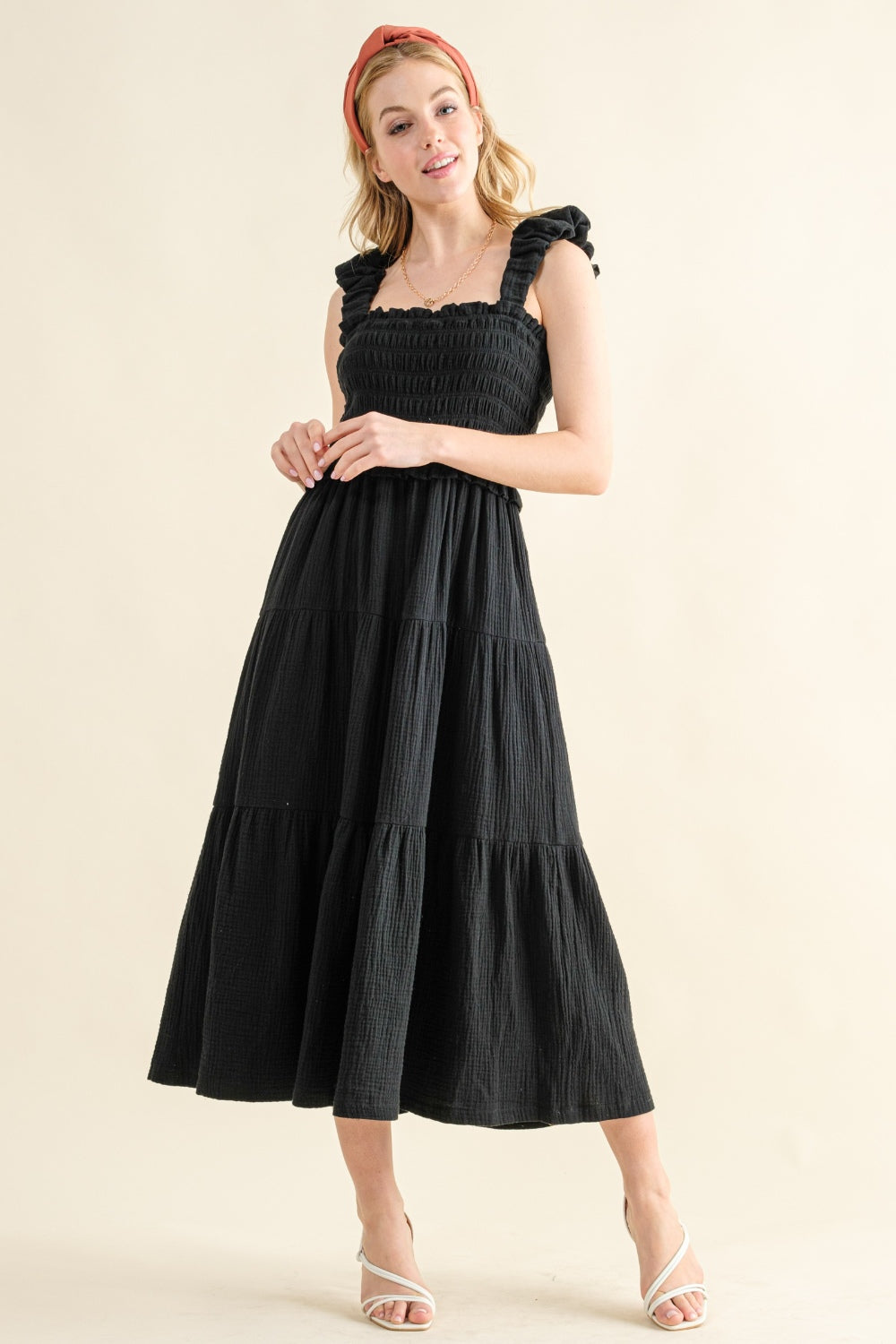 And The Why Smocked Ruffled Tiered Dress - Black / S - DRESSES - Black