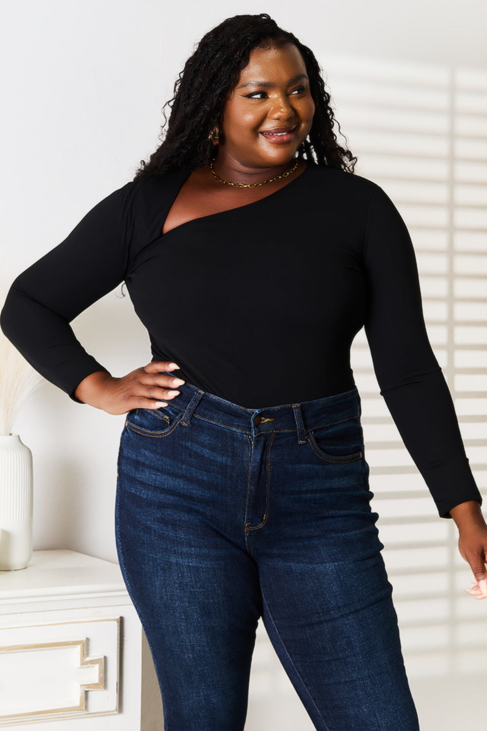 Basic Bae Asymmetrical Neck Long Sleeve Top - TOPS - Black