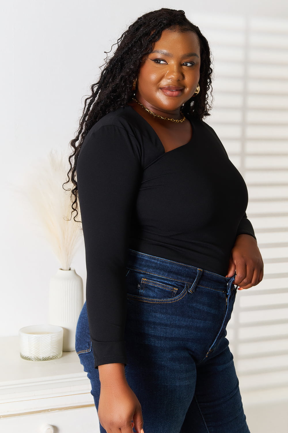 Basic Bae Asymmetrical Neck Long Sleeve Top - TOPS - Black