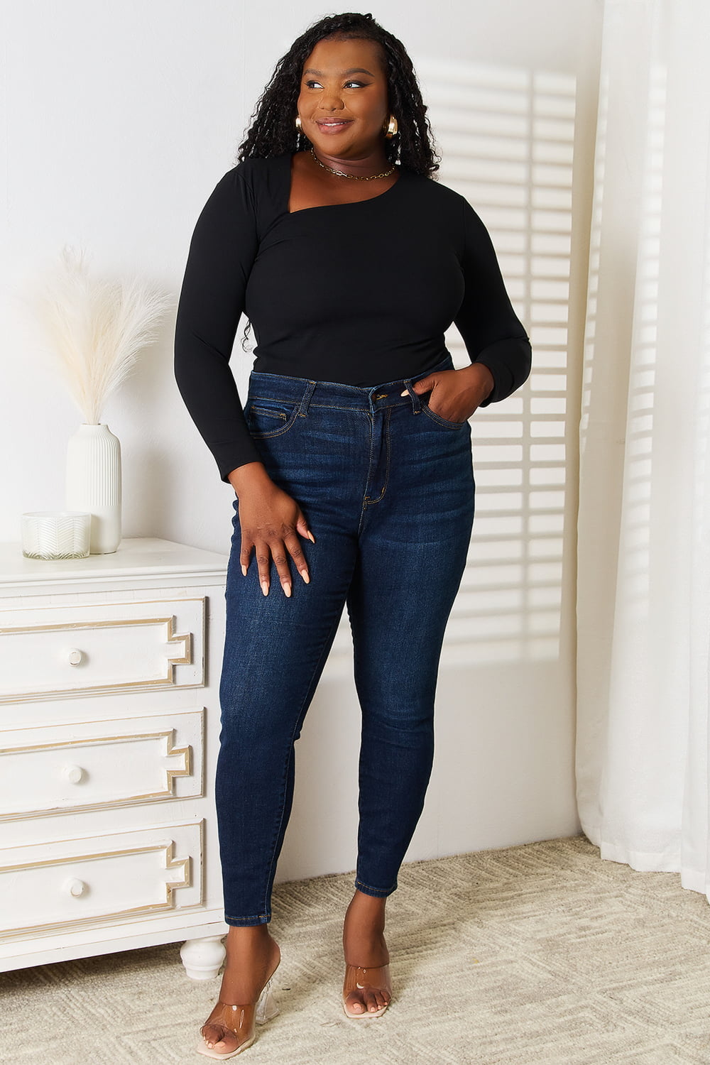 Basic Bae Asymmetrical Neck Long Sleeve Top - TOPS - Black