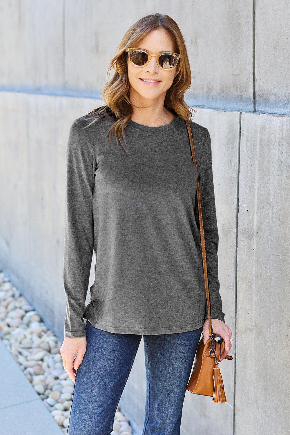 Basic Bae Full Size Round Neck Long Sleeve Top - Dark Gray / S - TOPS - Mixed