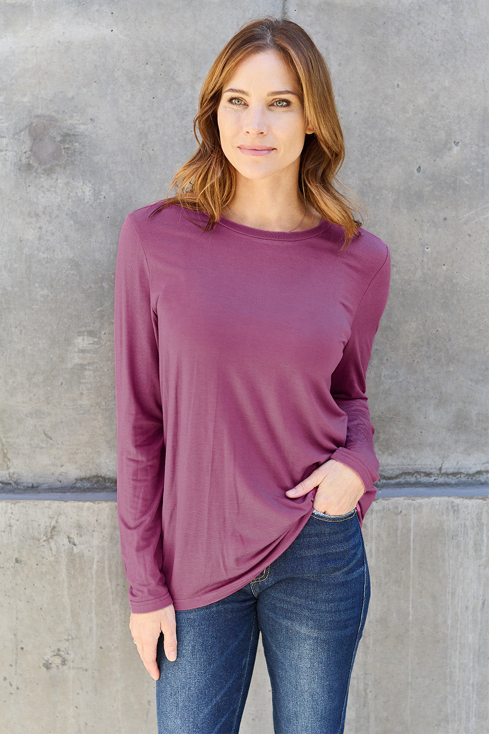 Basic Bae Full Size Round Neck Long Sleeve Top - Mauve / S - TOPS - Mixed