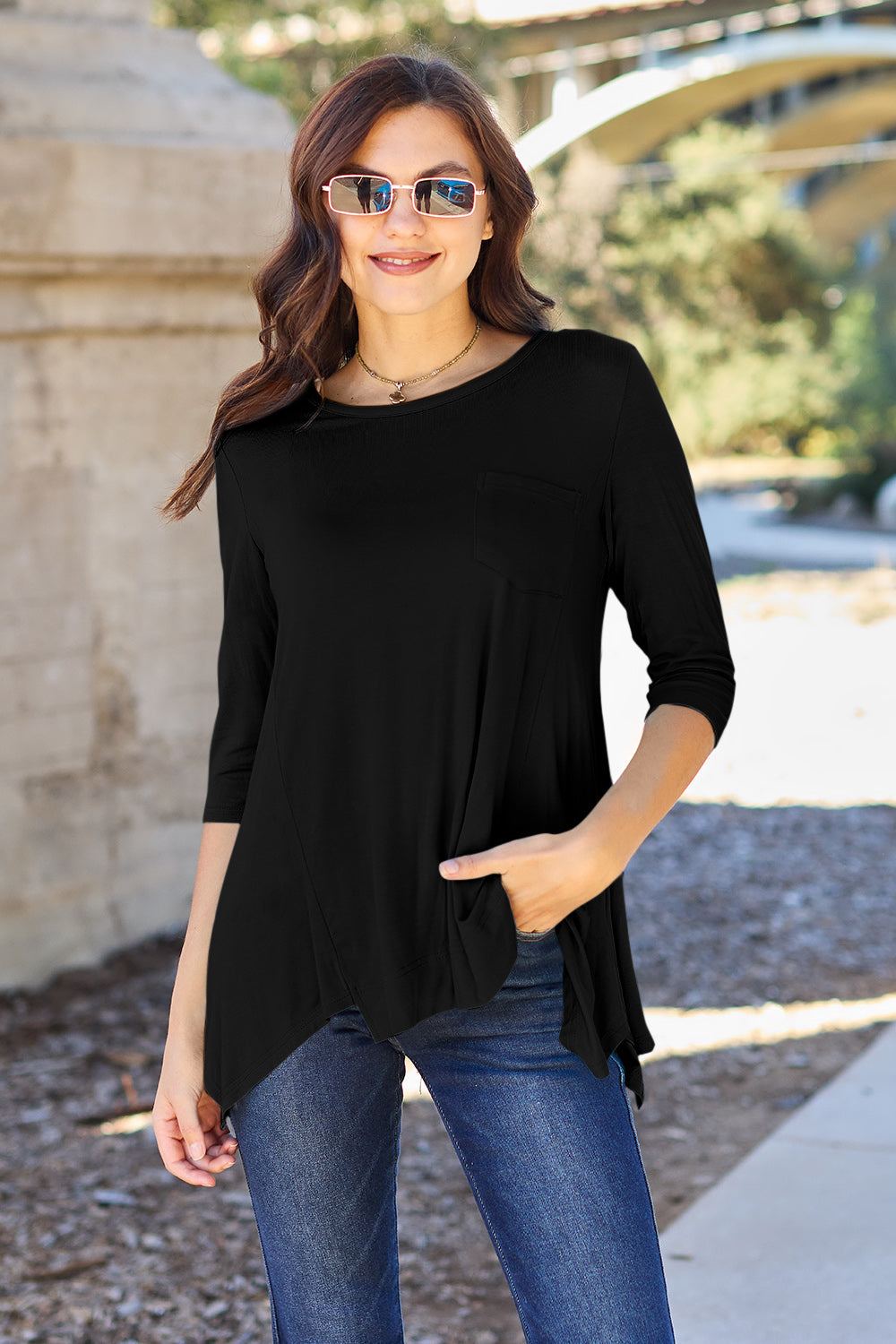 Basic Bae Full Size Round Neck Pocketed T-Shirt - Black / S - TOPS - Sky Blue
