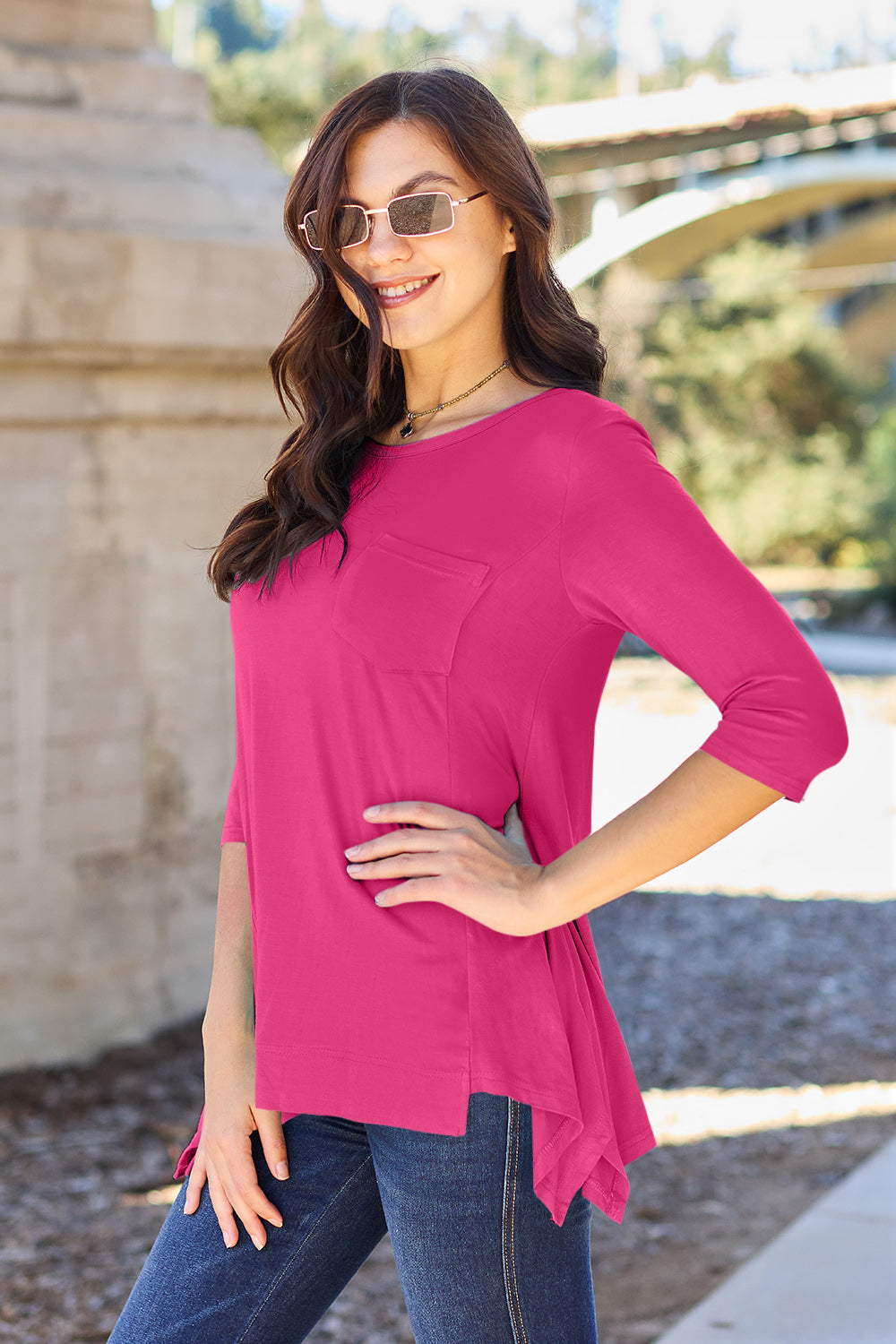 Basic Bae Full Size Round Neck Pocketed T-Shirt - Hot Pink / S - TOPS - Sky Blue