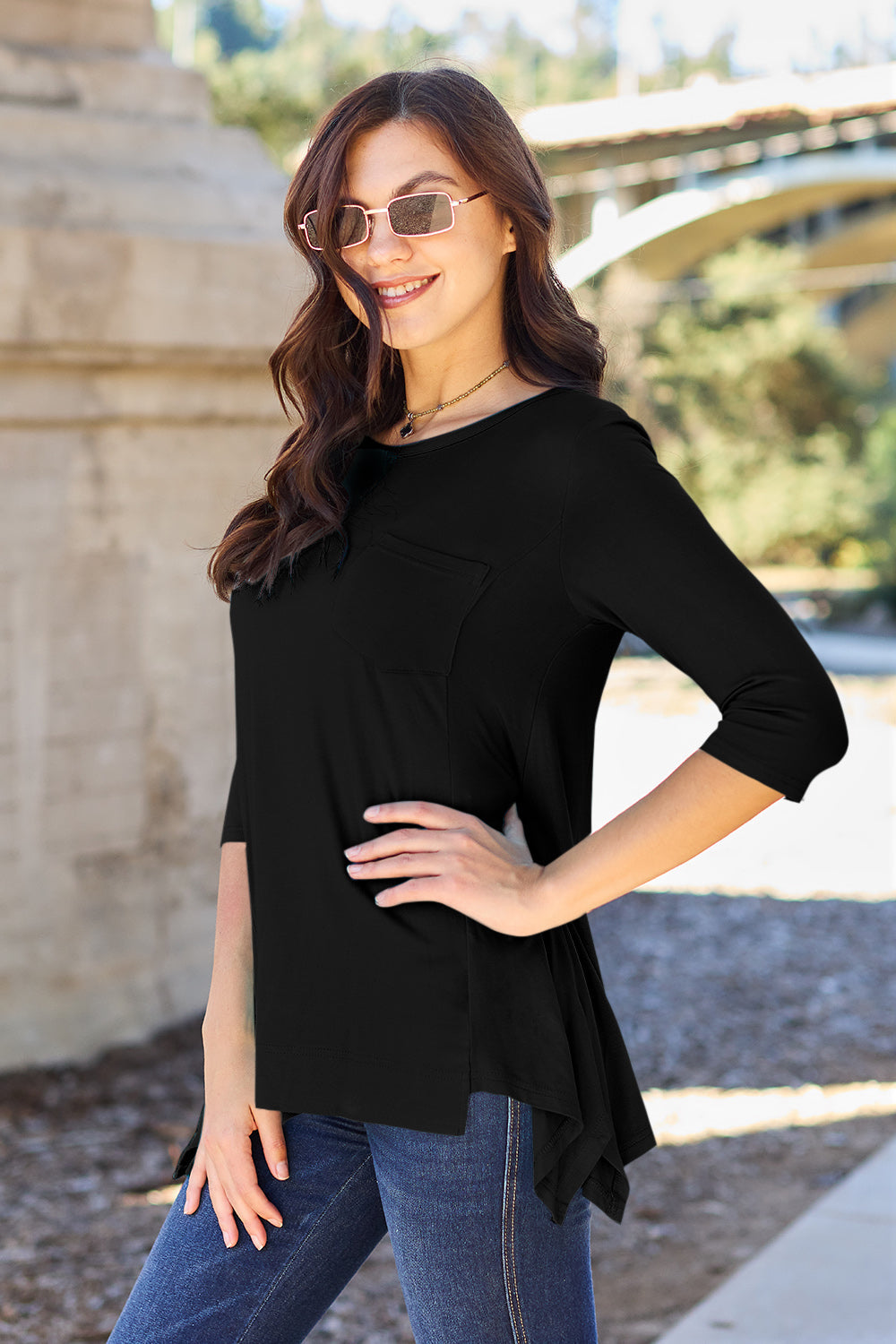 Basic Bae Full Size Round Neck Pocketed T-Shirt - TOPS - Sky Blue