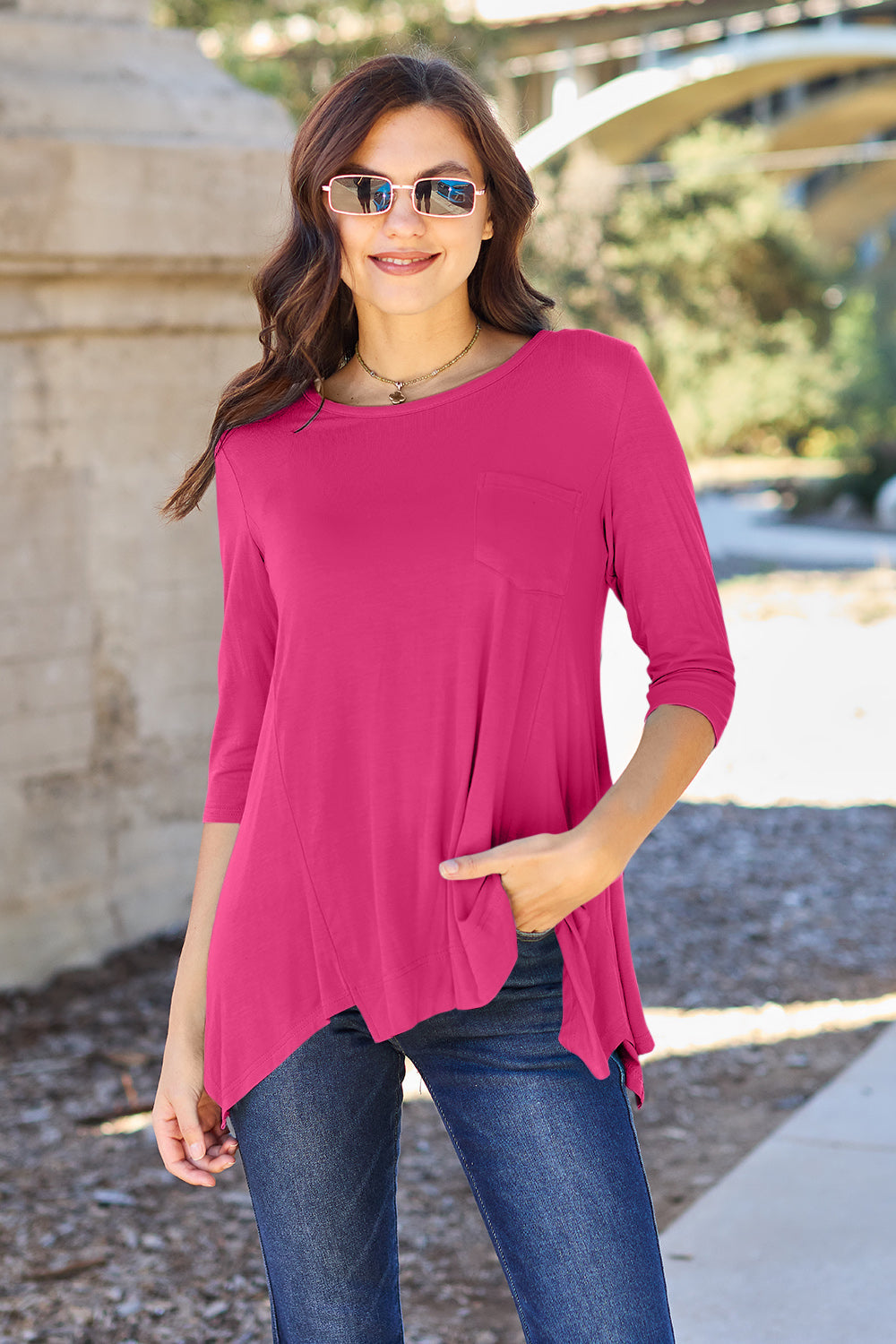 Basic Bae Full Size Round Neck Pocketed T-Shirt - TOPS - Sky Blue
