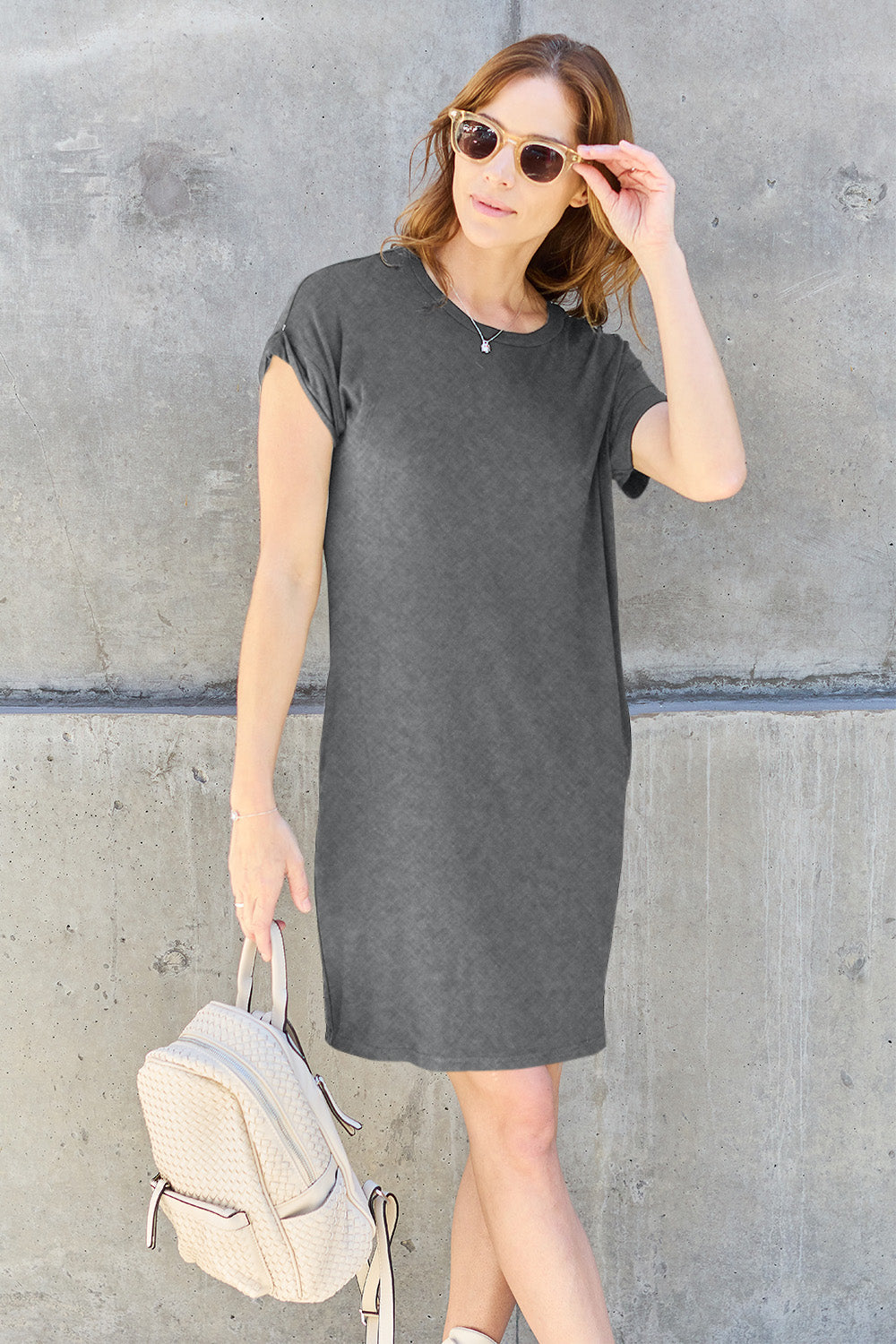 Basic Bae Full Size Round Neck Short Sleeve Dress with Pockets - Gray / S - DRESSES - Mocha