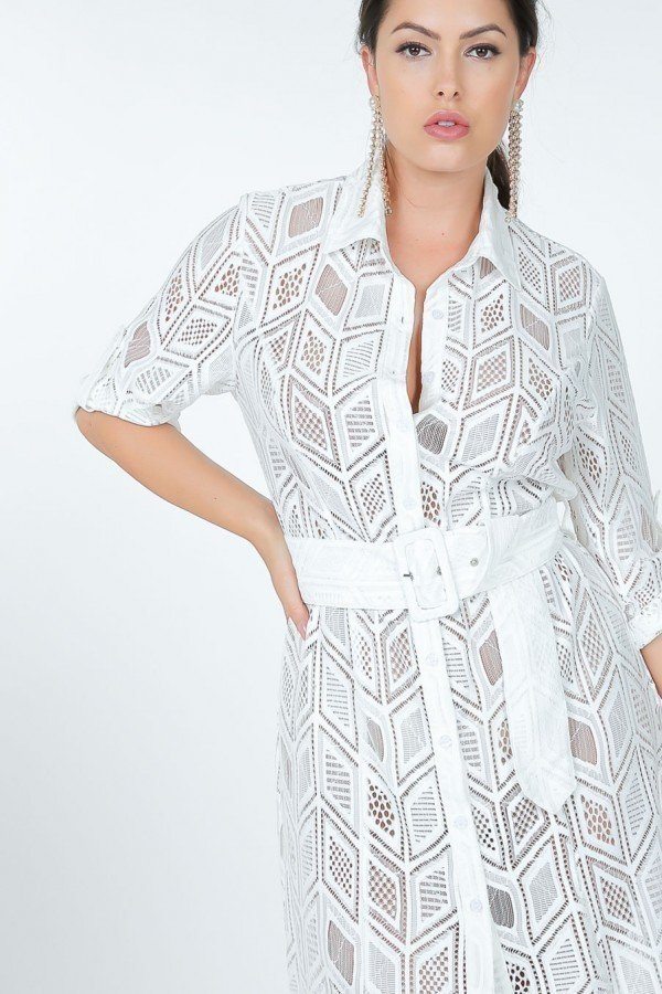 Belted Hi Low Placket Lace Shirt Dress Smile Sparker