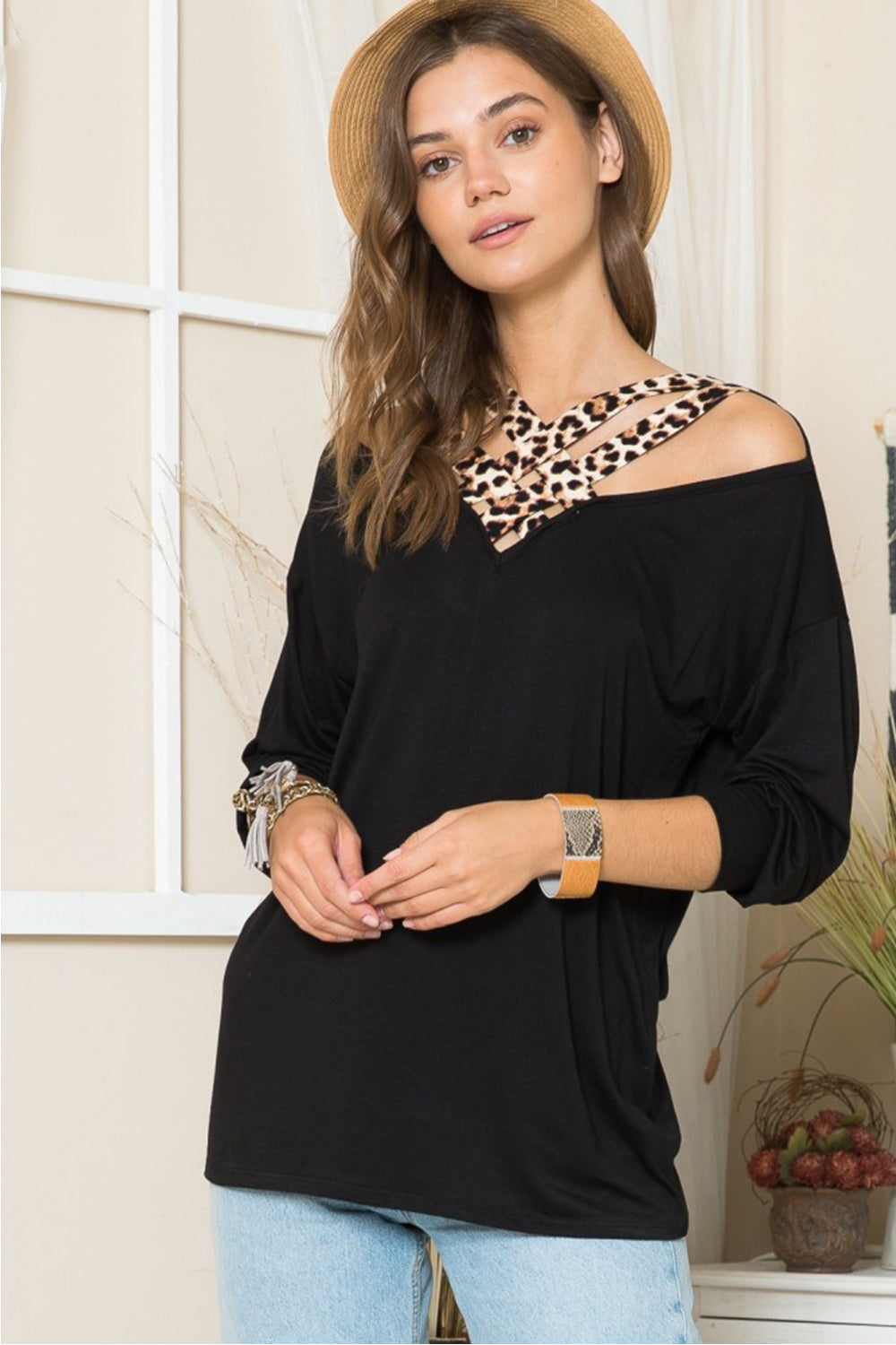 Celeste Full Size Leopard Braided Strap Long Sleeve T-Shirt - TOPS - Black