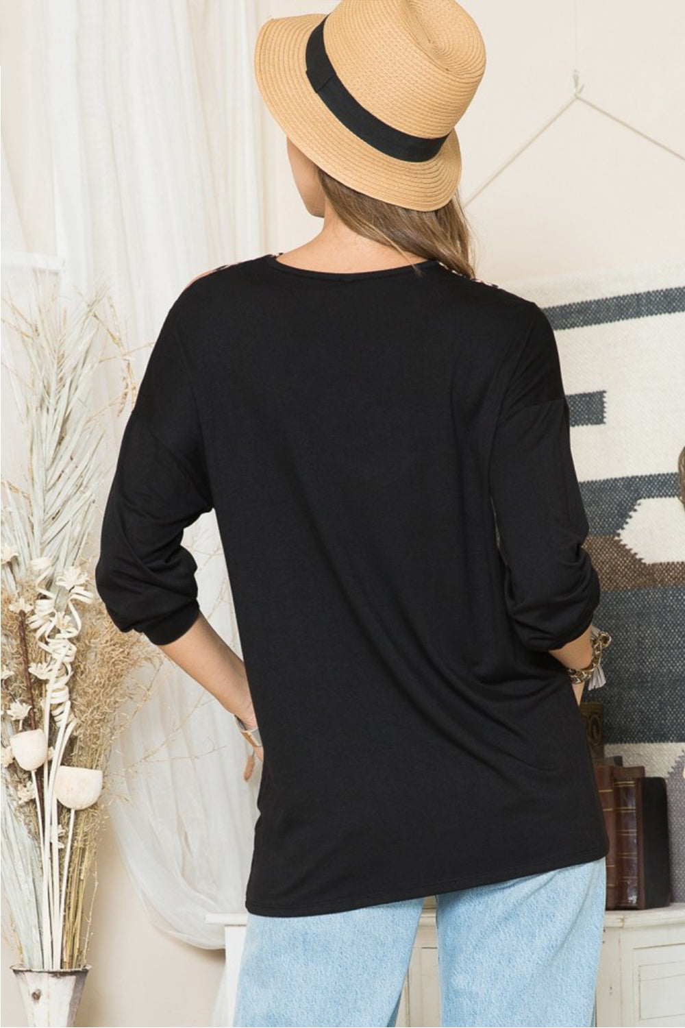 Celeste Full Size Leopard Braided Strap Long Sleeve T-Shirt - TOPS - Black