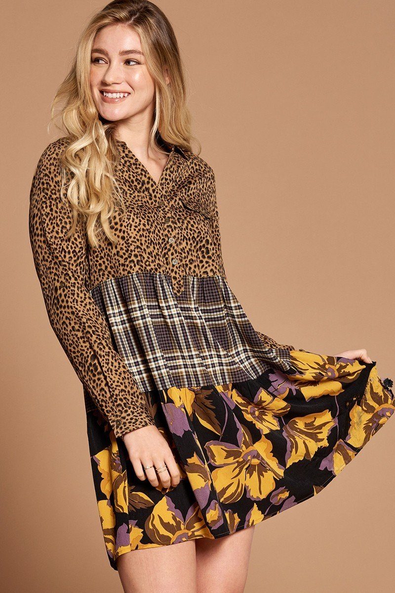 Cheetah Print Button-down Collard Shirt Dress Smile Sparker