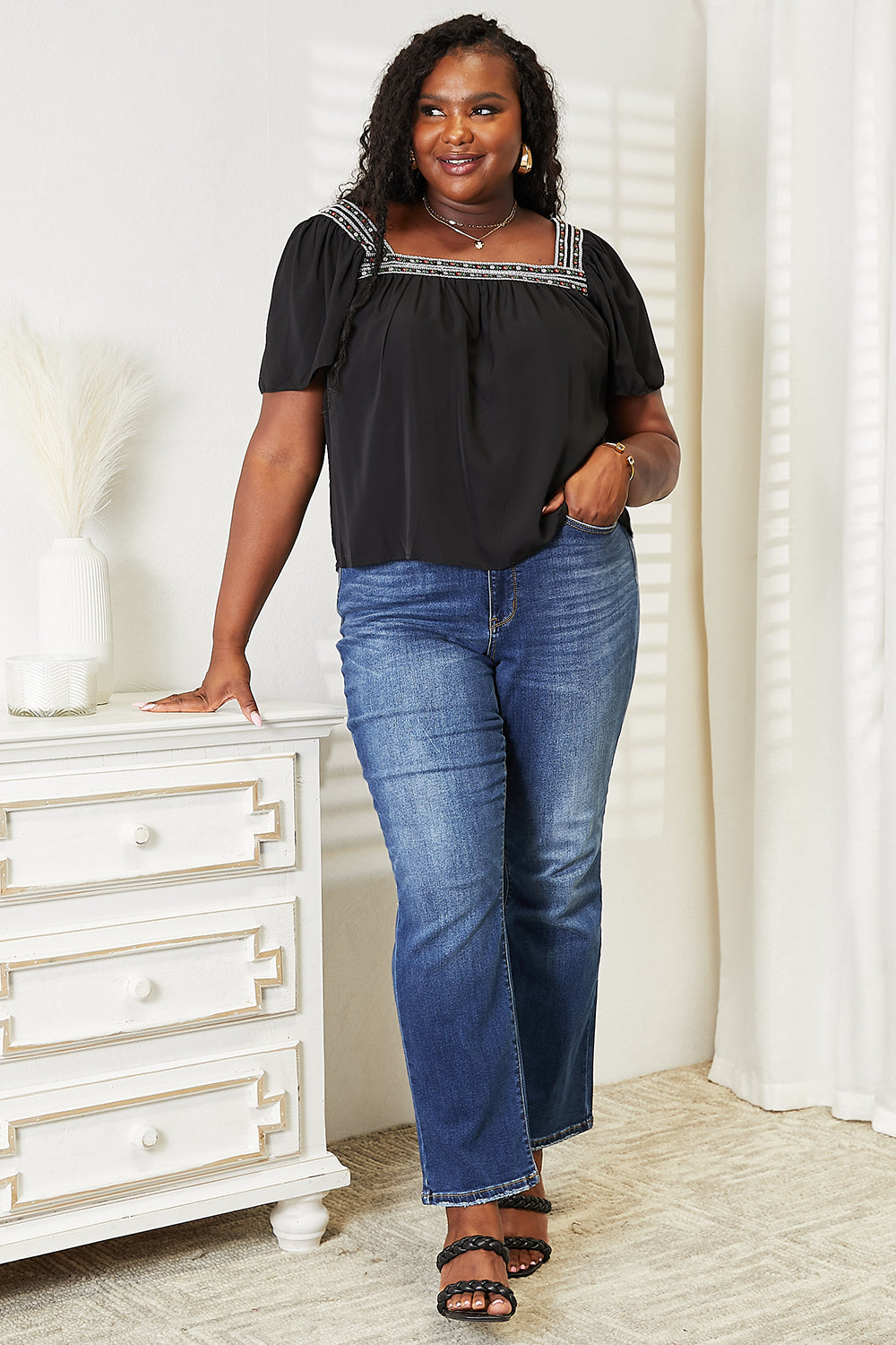 Contrast Square Neck Puff Sleeve Blouse - SHIRTS & BLOUSES - Black