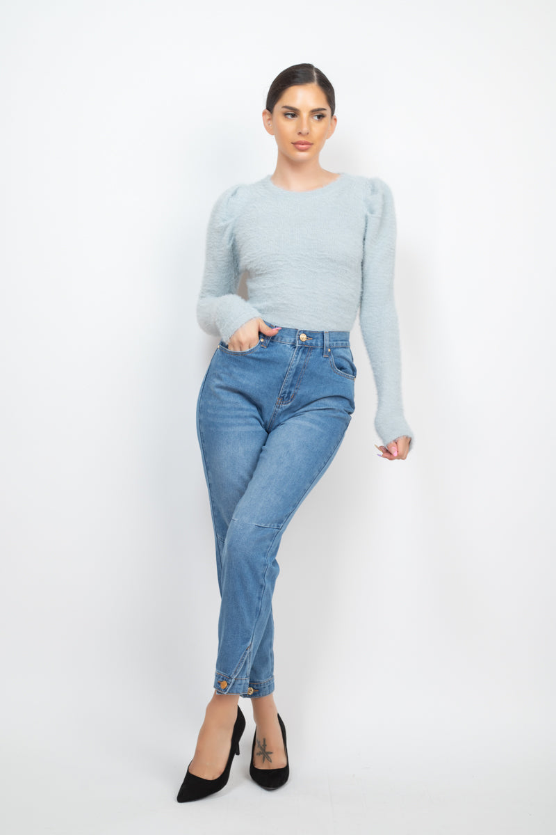 Cuffed-button Mom Jeans Smile Sparker