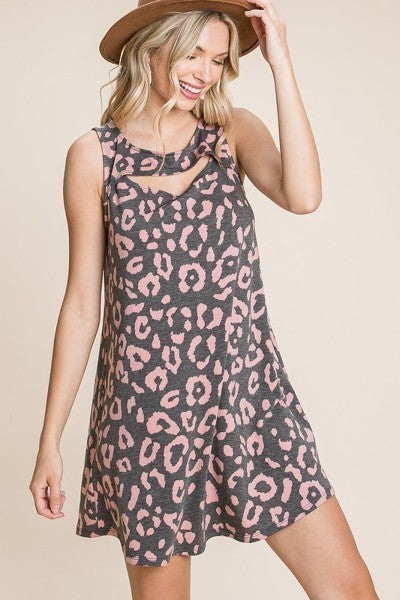 Cute Animal Print Cut Out Neckline Sleeveless Tunic Dress Smile Sparker