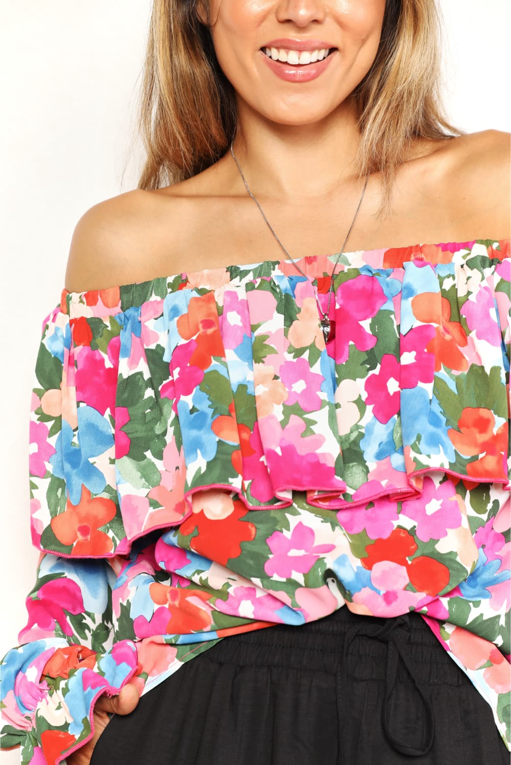 Double Take Floral Off-Shoulder Flounce Sleeve Layered Blouse - SHIRTS & BLOUSES - Floral print