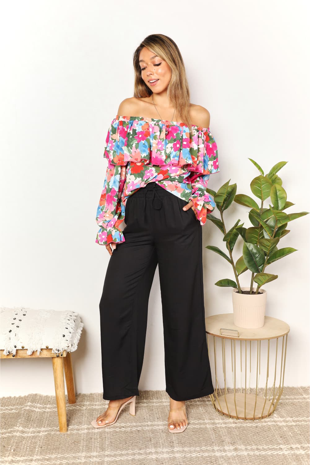 Double Take Floral Off-Shoulder Flounce Sleeve Layered Blouse - SHIRTS & BLOUSES - Floral print