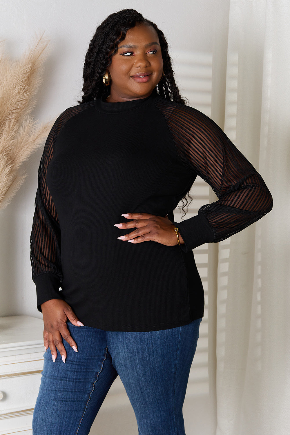 Double Take Round Neck Raglan Sleeve Blouse - TOPS - Black