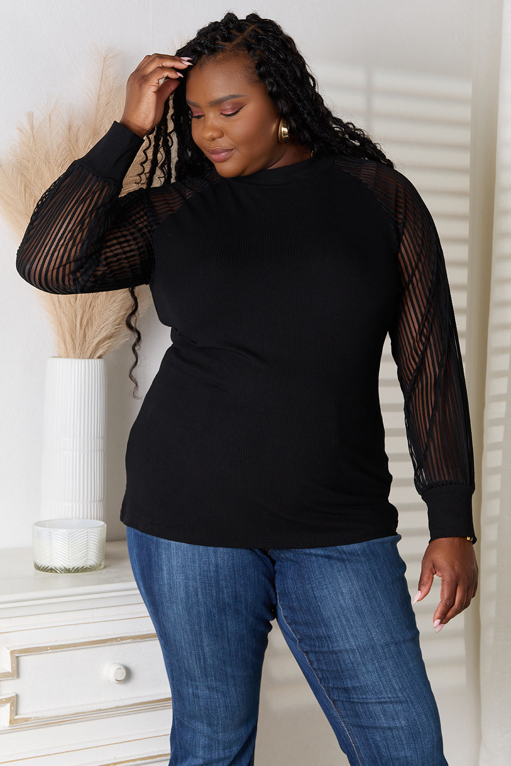 Double Take Round Neck Raglan Sleeve Blouse - TOPS - Black