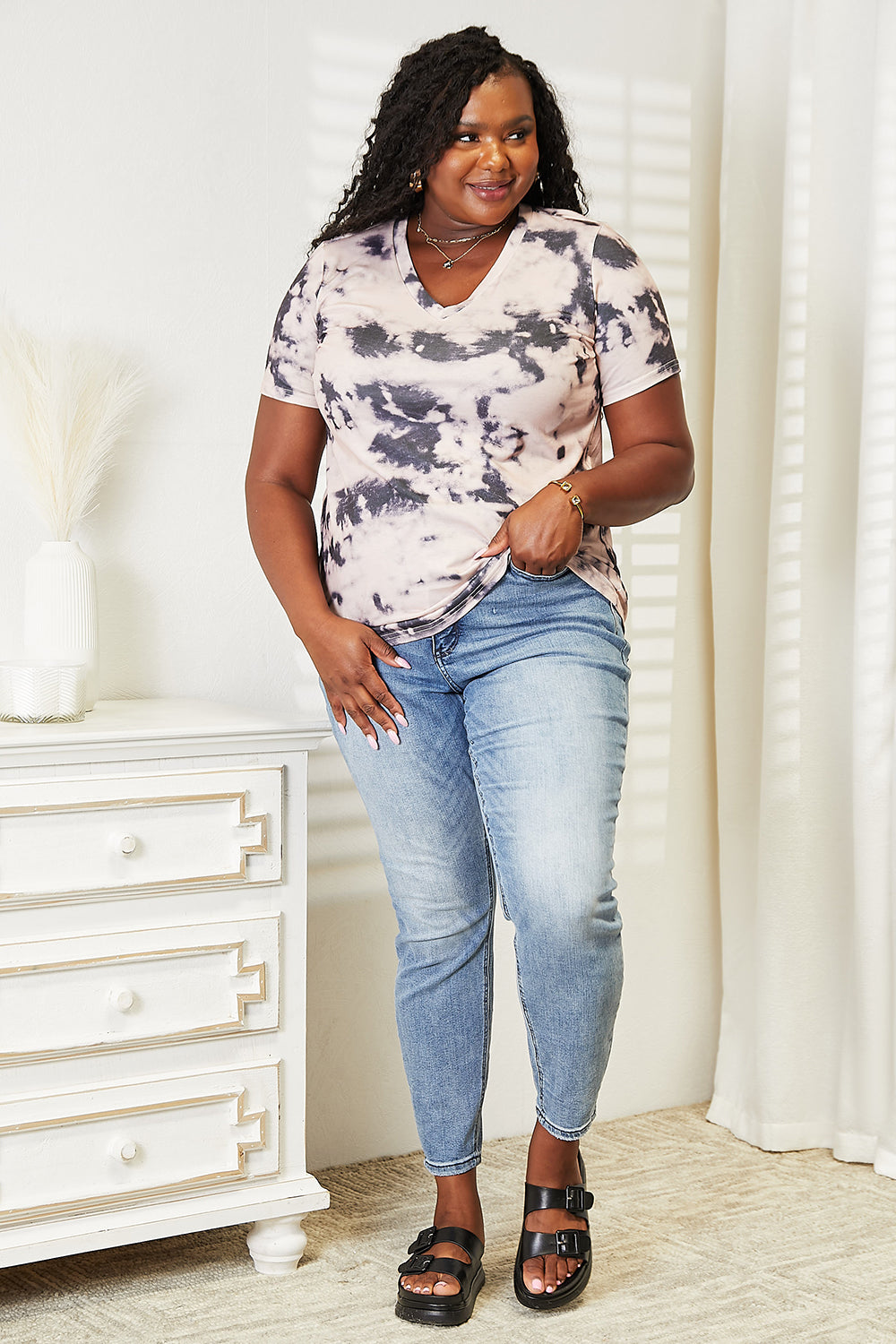Double Take Tie-Dye V-Neck T-Shirt - SHIRTS & BLOUSES - Pink