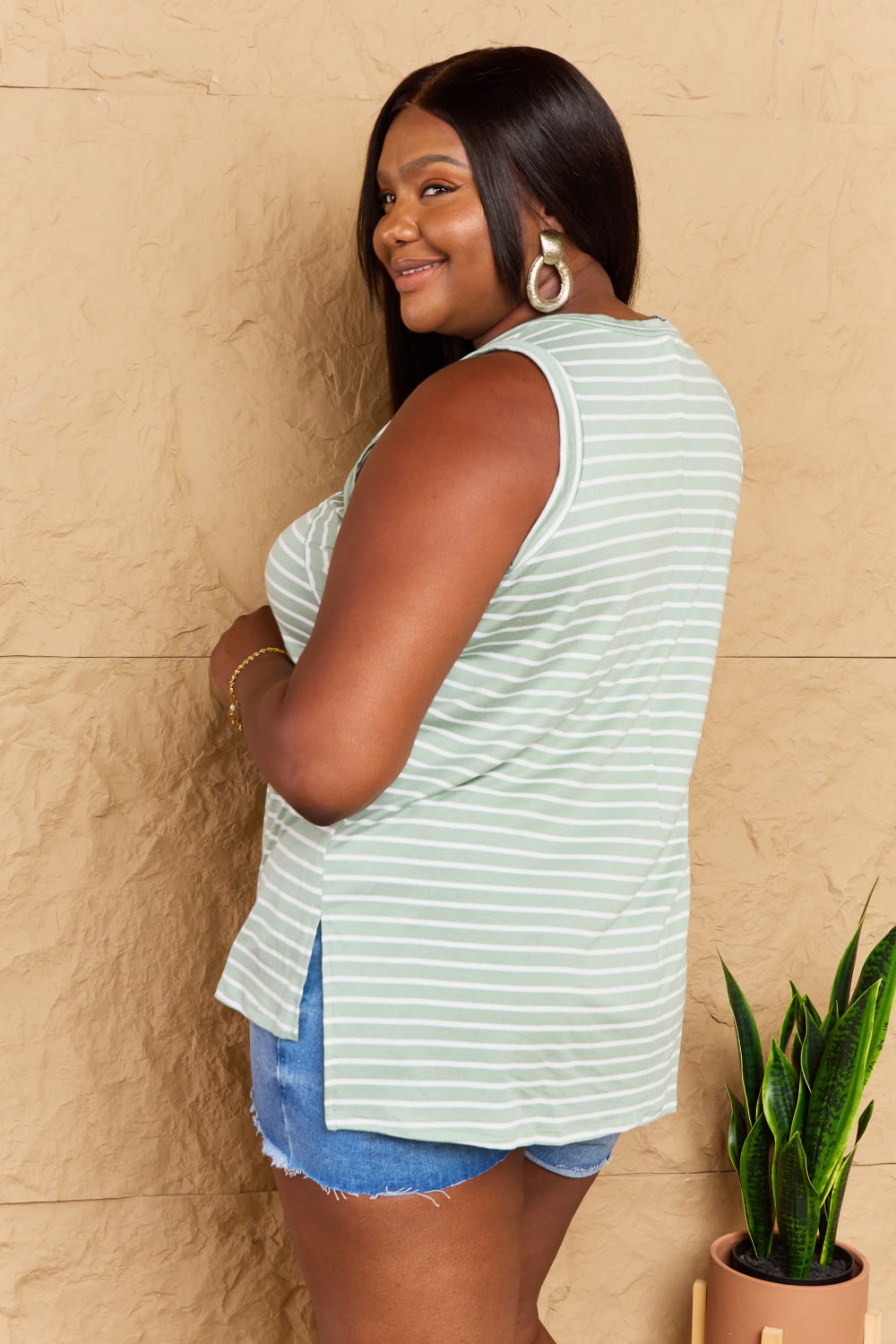 Doublju Full Size Striped Sleeveless V-Neck Top - TOPS - Sky Blue