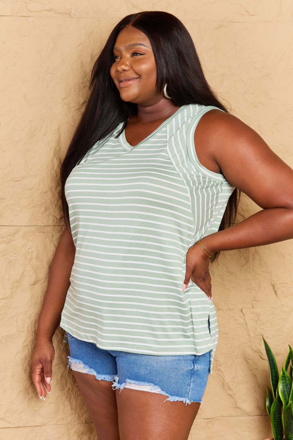Doublju Full Size Striped Sleeveless V-Neck Top - TOPS - Sky Blue