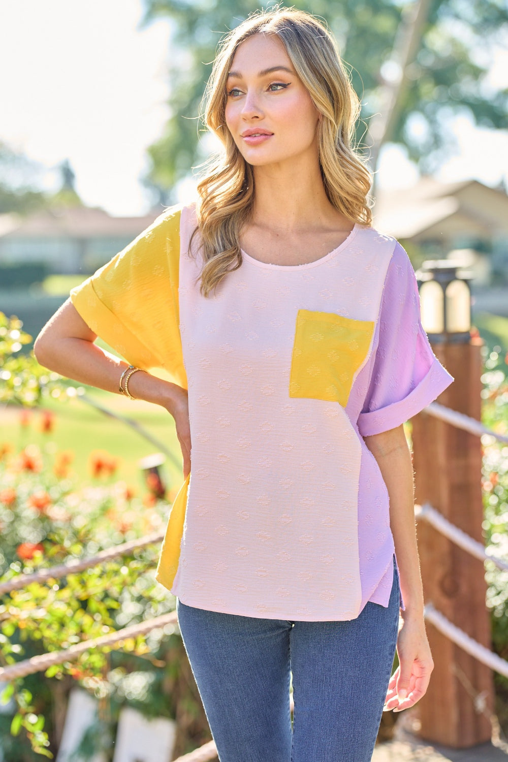 Hailey & Co Full Size Color Block Short Sleeve Top - TOPS - Yellow