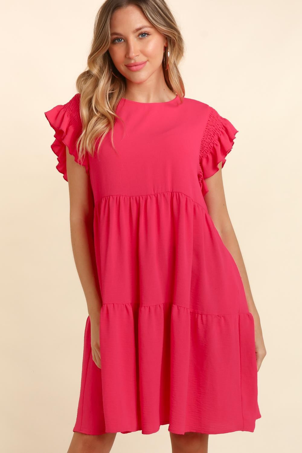 Haptics Full Size Smocking Ruffle Short Sleeve Dress with Pockets - DRESSES - Fuchsia