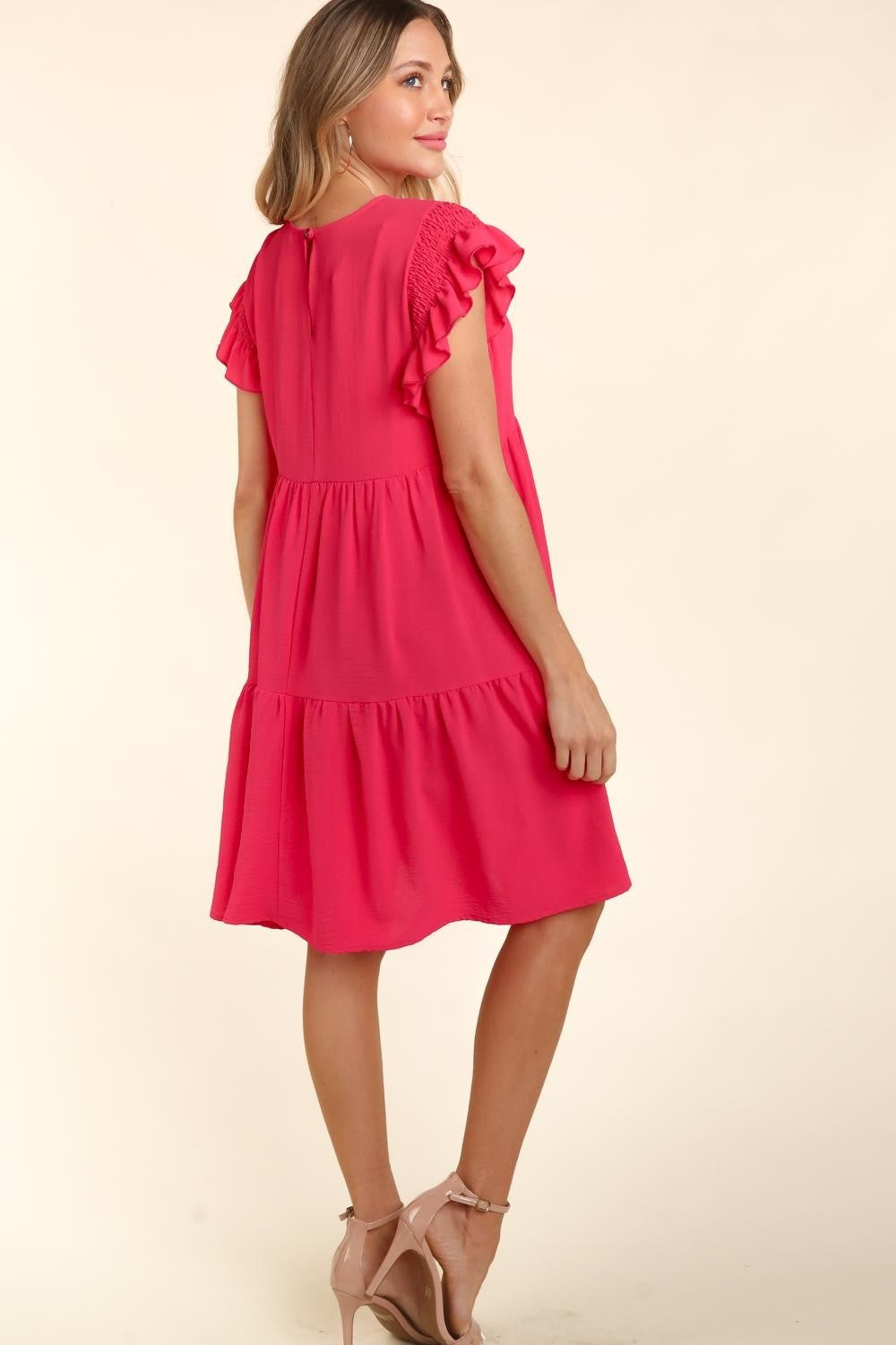 Haptics Full Size Smocking Ruffle Short Sleeve Dress with Pockets - DRESSES - Fuchsia