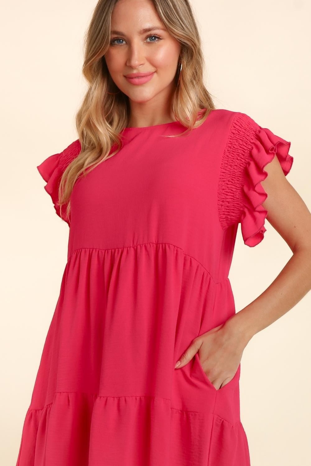 Haptics Full Size Smocking Ruffle Short Sleeve Dress with Pockets - DRESSES - Fuchsia