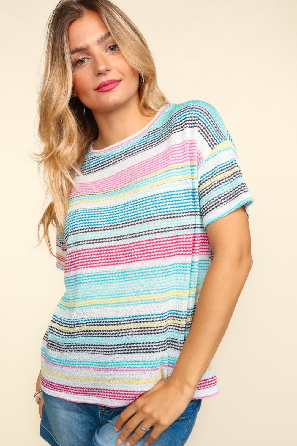 Haptics Waffle Stripe Short Sleeve T-Shirt - TOPS - Multi