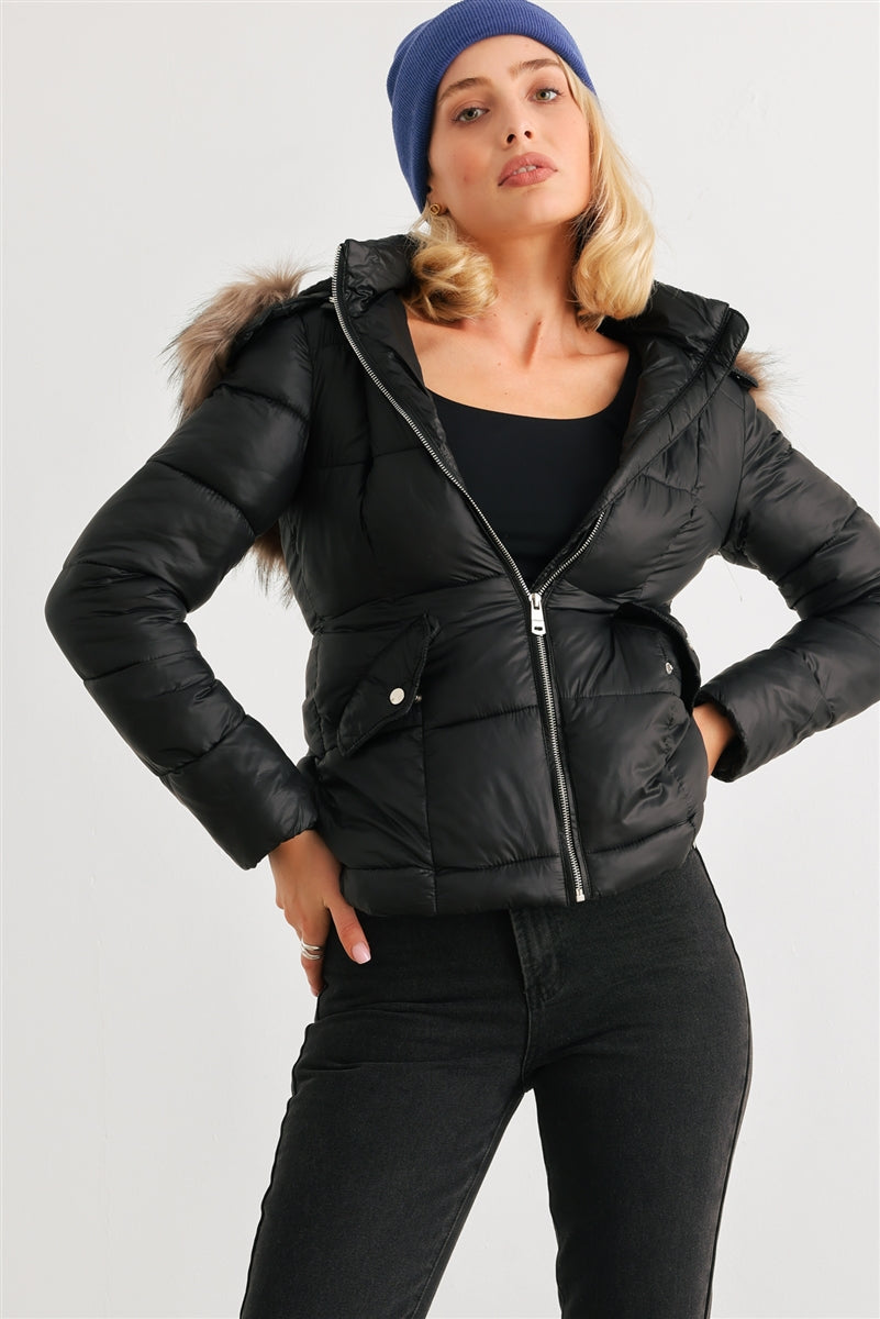Long Sleeve Faux Fur Hood Padded Water Resistant Finish Jacket Smile Sparker
