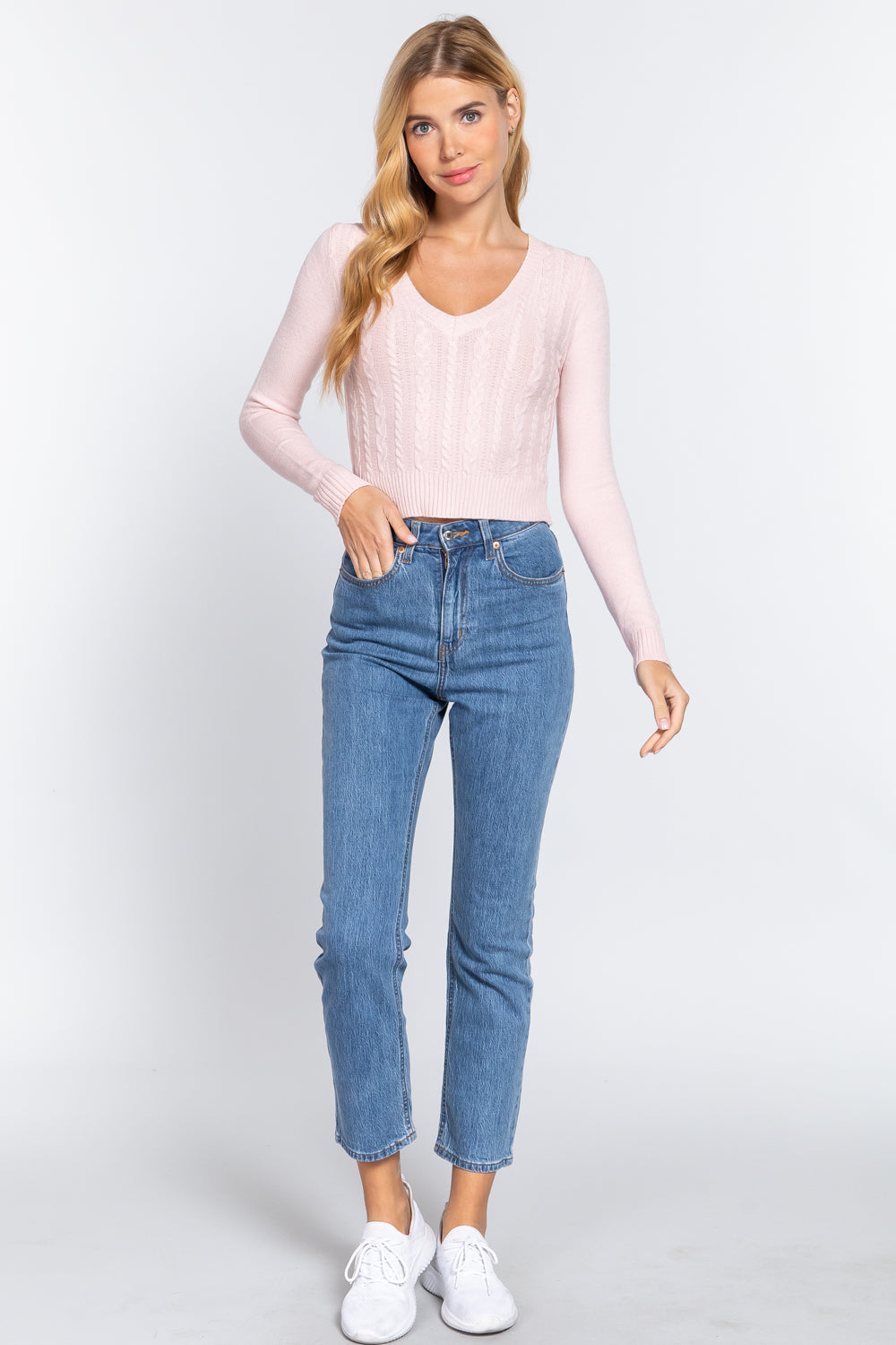 Long Sleeve V-neck Cable Sweater Smile Sparker