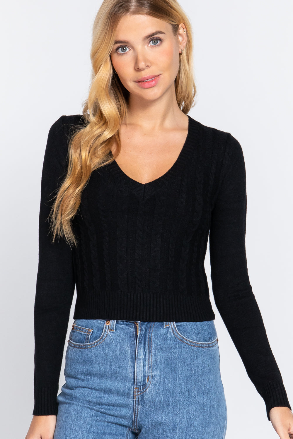 Long Sleeve V-neck Cable Sweater Smile Sparker