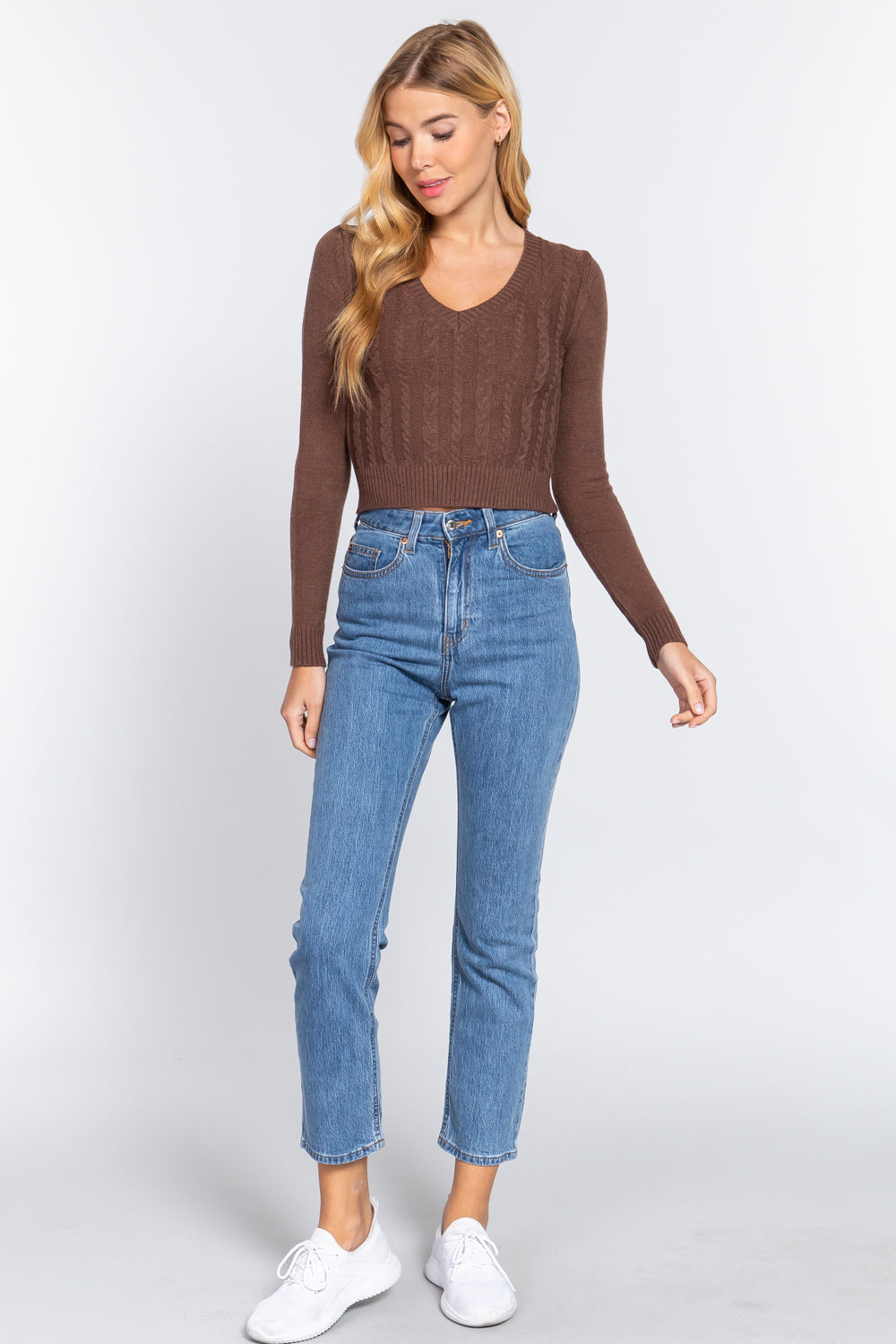 Long Sleeve V-neck Cable Sweater Smile Sparker