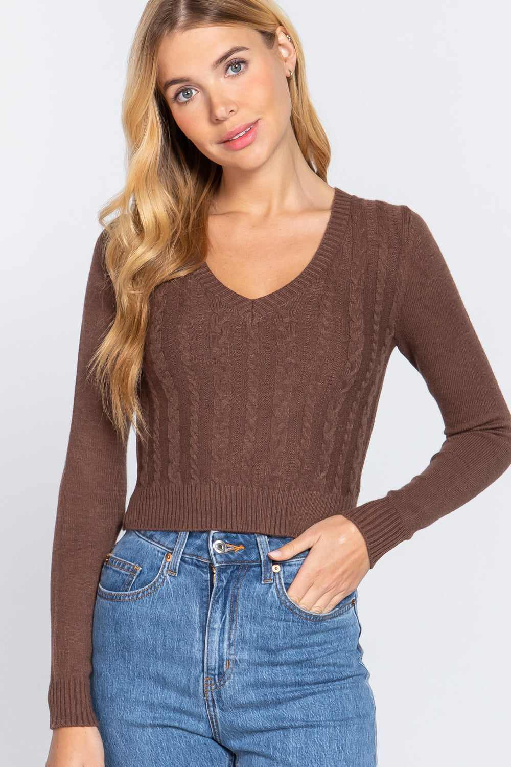 Long Sleeve V-neck Cable Sweater Smile Sparker