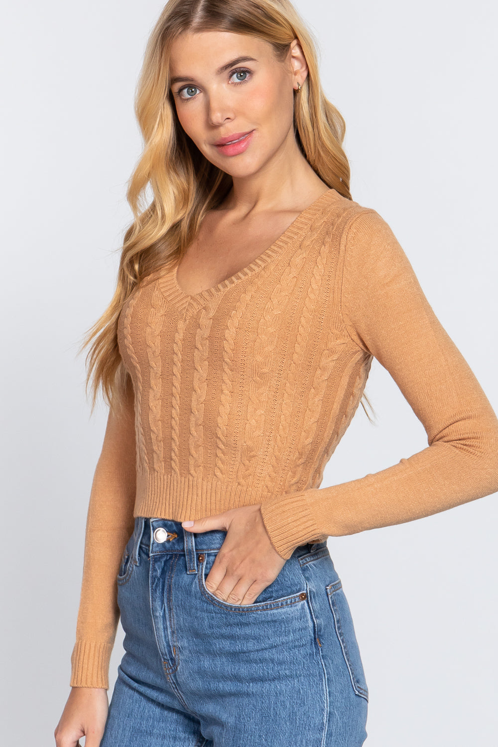 Long Sleeve V-neck Cable Sweater Smile Sparker