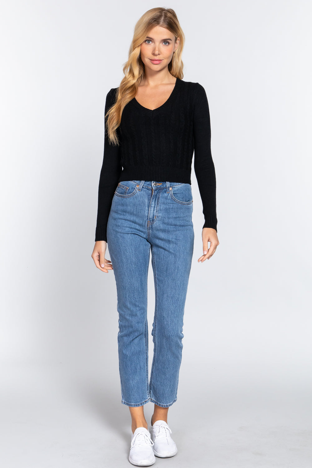 Long Sleeve V-neck Cable Sweater Smile Sparker