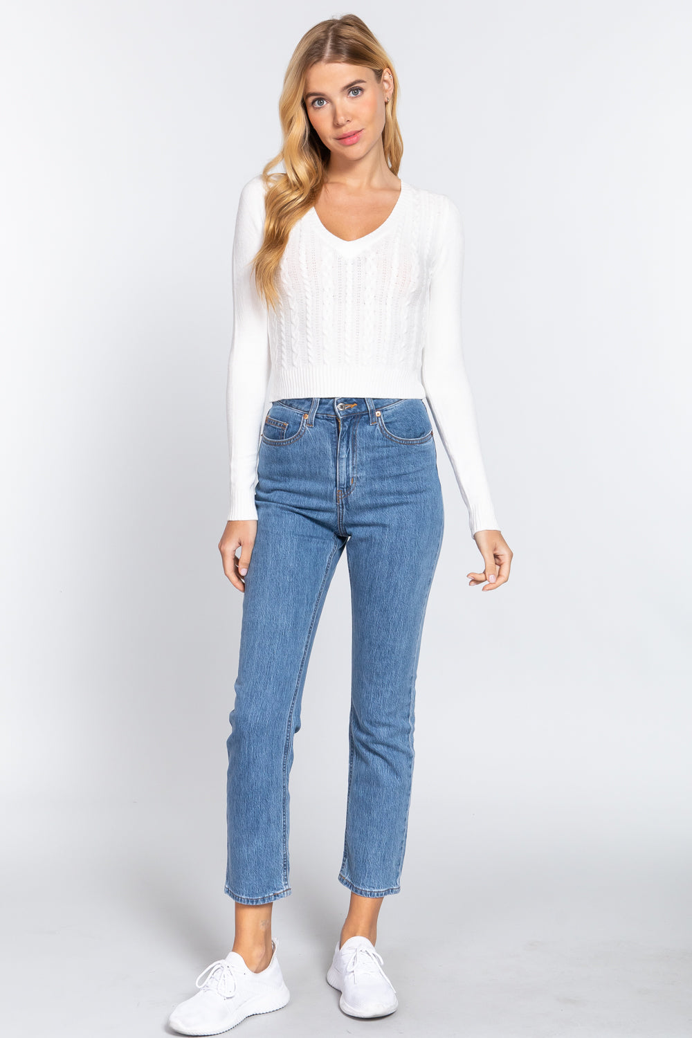 Long Sleeve V-neck Cable Sweater Smile Sparker