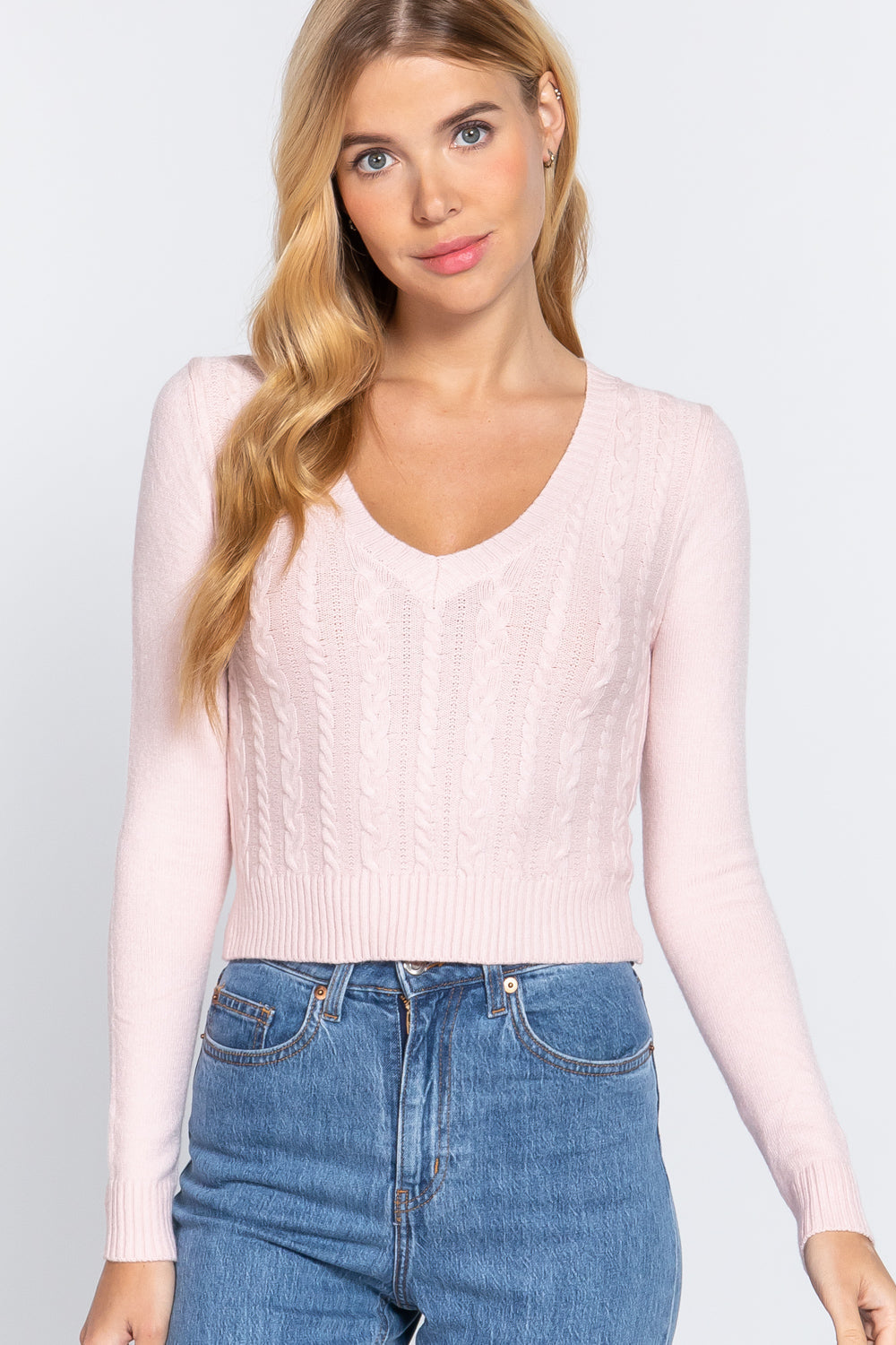 Long Sleeve V-neck Cable Sweater Smile Sparker